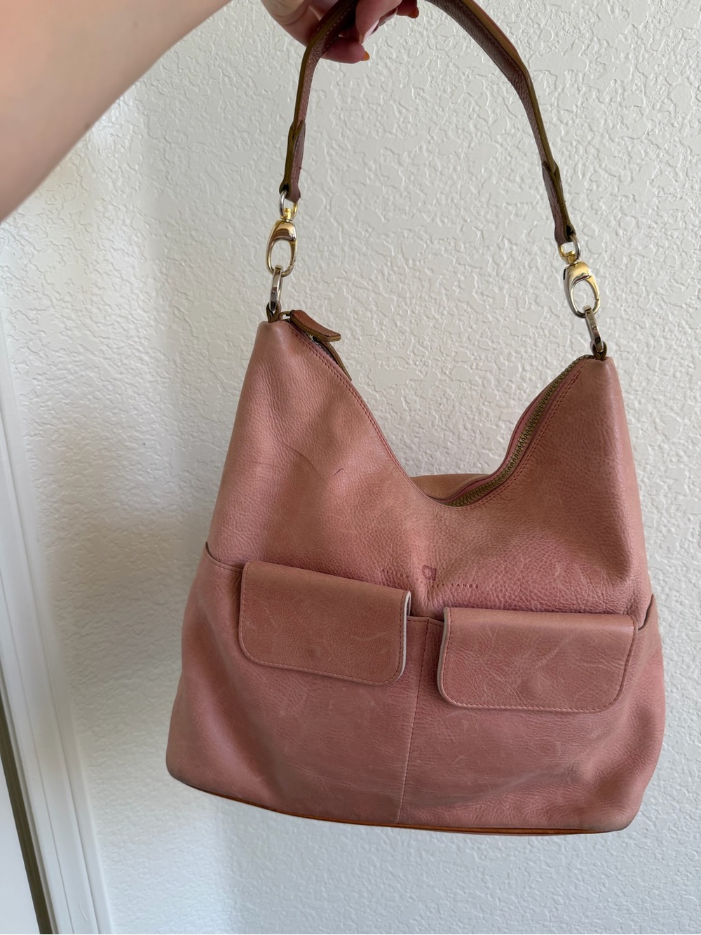 Alison Van Der Lande Leather Shoulder Hobo Bag in Dusty Rose Pink
